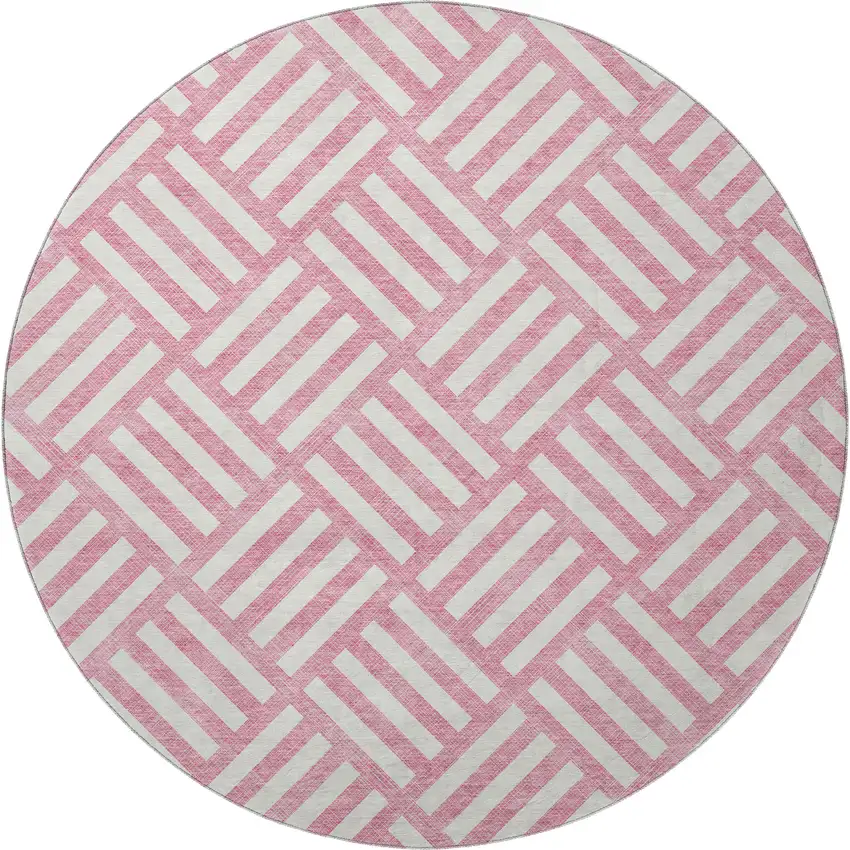 8' Pink And Ivory Geometric Washable Round Rug With UV Protection Photo 4