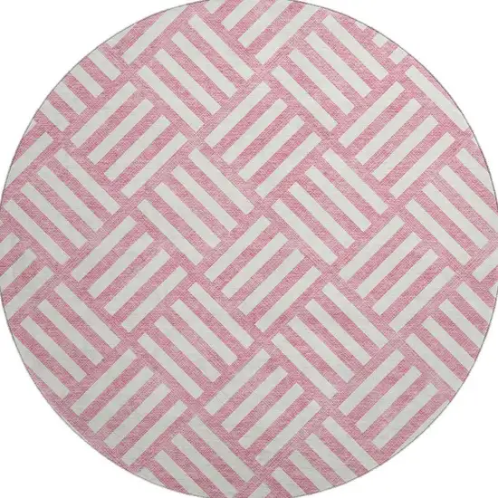 8' Pink And Ivory Geometric Washable Round Rug With UV Protection Photo 3