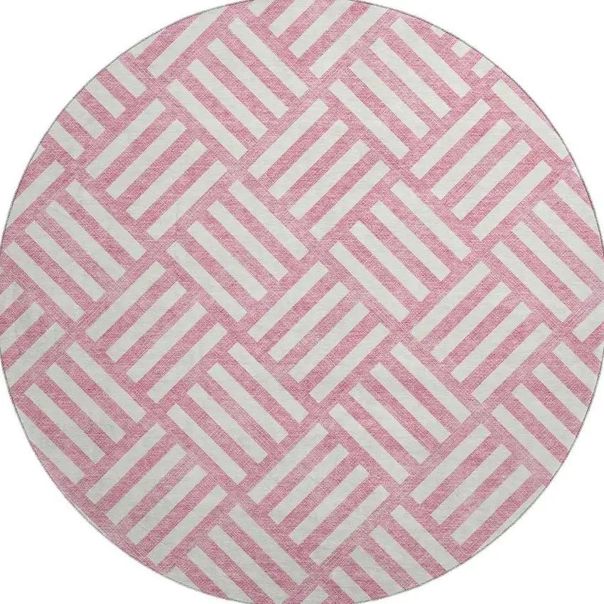 8' Pink And Ivory Geometric Washable Round Rug With UV Protection Photo 3