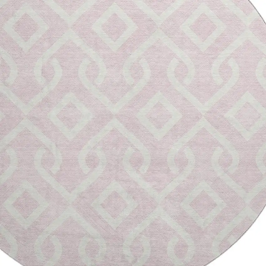 8' Pink And Ivory Geometric Washable Round Rug With UV Protection Photo 3