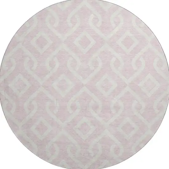 8' Pink And Ivory Geometric Washable Round Rug With UV Protection Photo 4