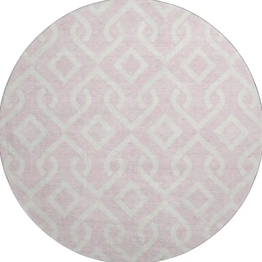 8' Pink And Ivory Geometric Washable Round Rug With UV Protection Photo 4