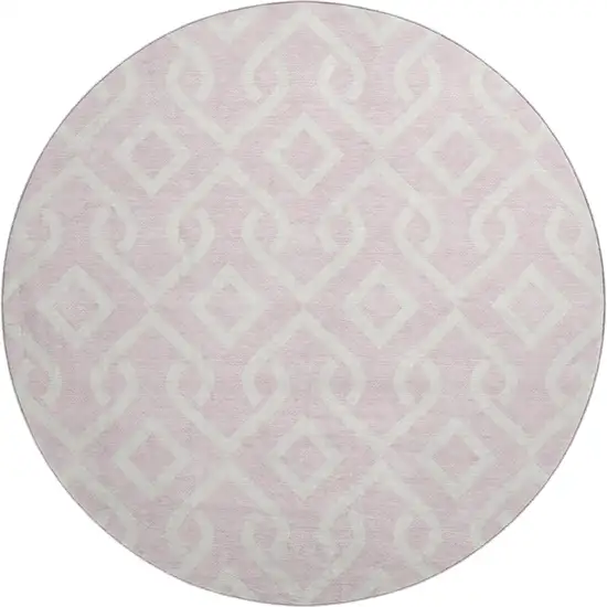8' Pink And Ivory Geometric Washable Round Rug With UV Protection Photo 1