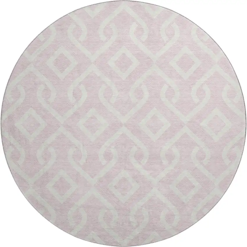 8' Pink And Ivory Geometric Washable Round Rug With UV Protection Photo 1