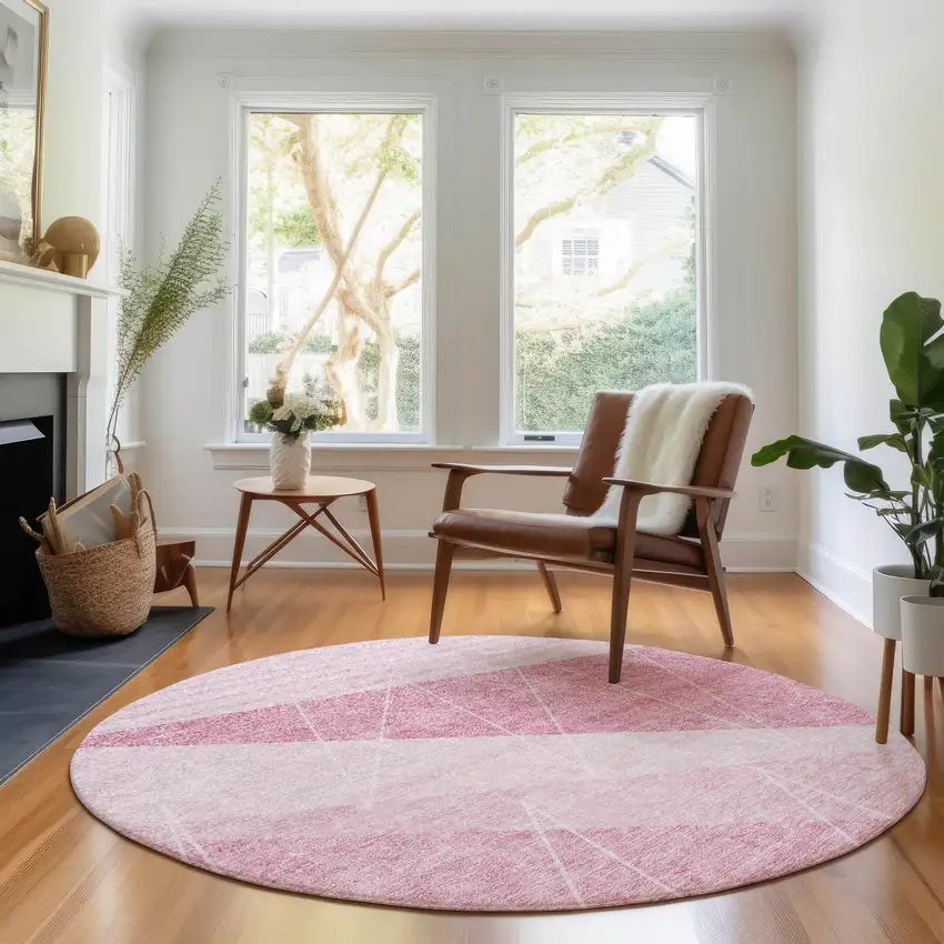 8' Pink And Ivory Geometric Washable Round Rug With UV Protection Photo 4