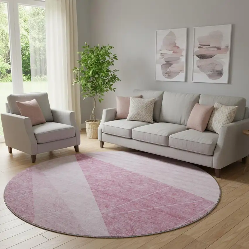 8' Pink And Ivory Geometric Washable Round Rug With UV Protection Photo 1