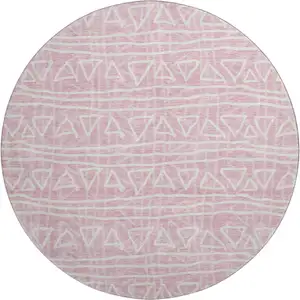 Photo of 8' Pink And Ivory Geometric Washable Round Rug With UV Protection