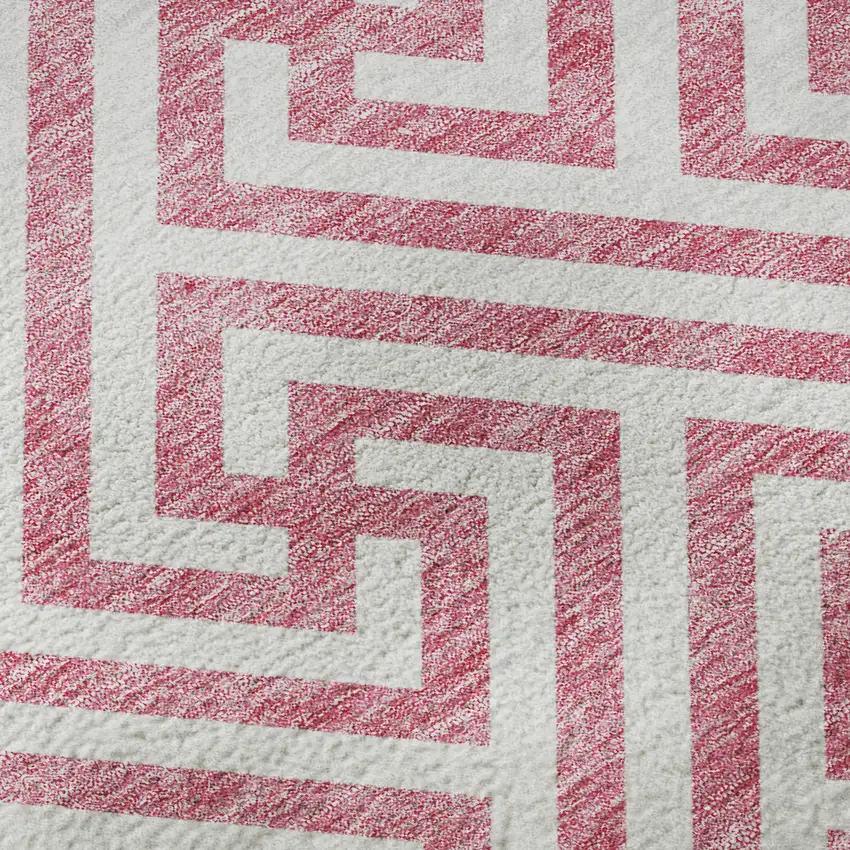 8' Pink And Ivory Geometric Washable Round Rug With UV Protection Photo 9