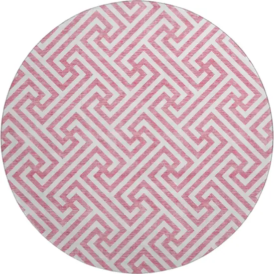 8' Pink And Ivory Geometric Washable Round Rug With UV Protection Photo 1