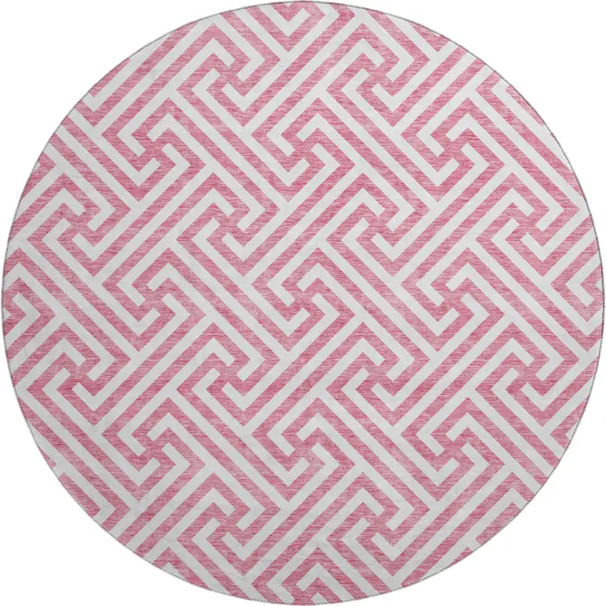 8' Pink And Ivory Geometric Washable Round Rug With UV Protection Photo 1