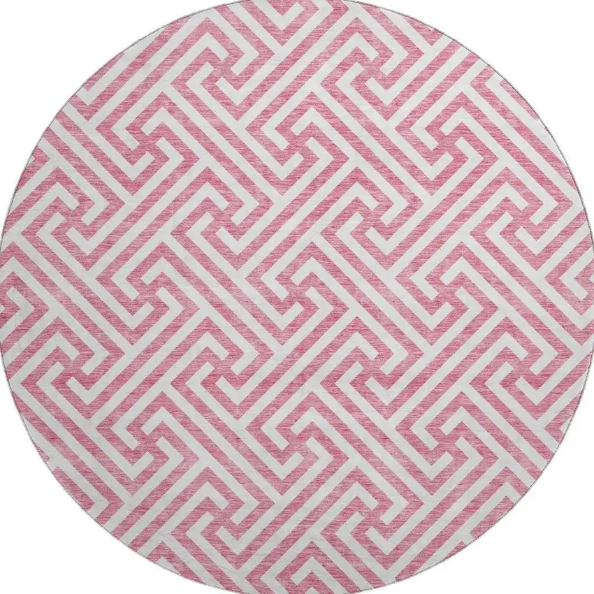 8' Pink And Ivory Geometric Washable Round Rug With UV Protection Photo 4
