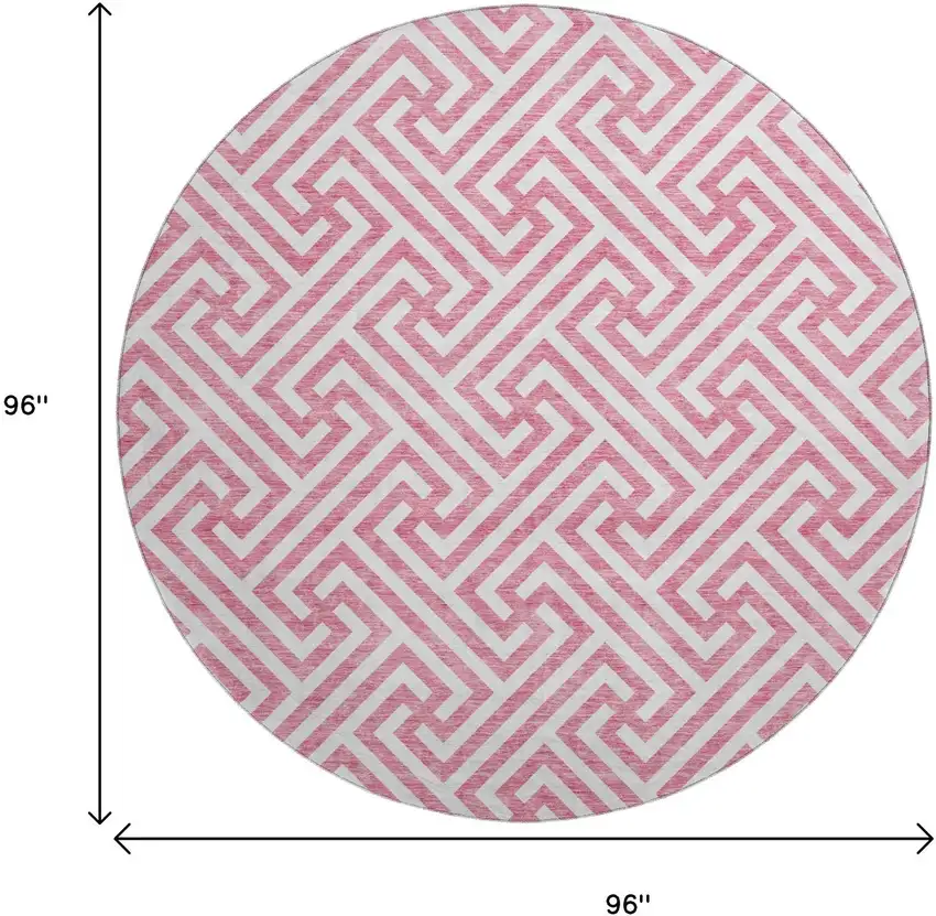 8' Pink And Ivory Geometric Washable Round Rug With UV Protection Photo 3
