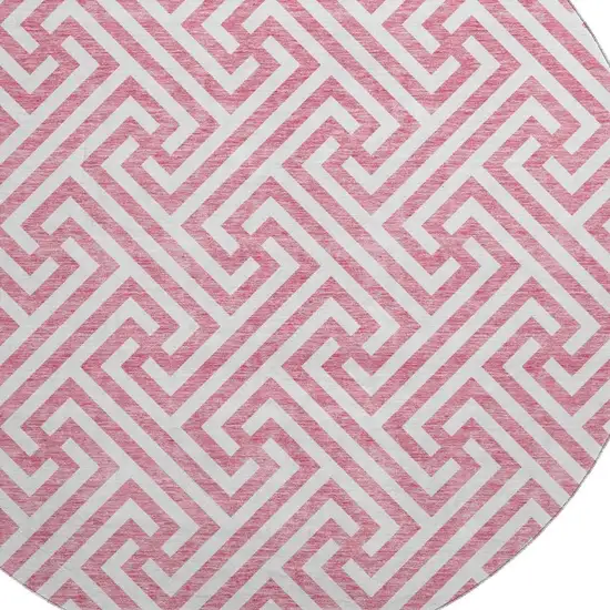 8' Pink And Ivory Geometric Washable Round Rug With UV Protection Photo 3