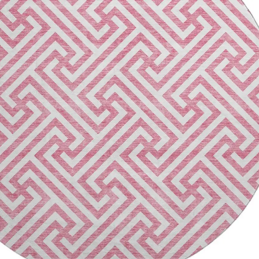 8' Pink And Ivory Geometric Washable Round Rug With UV Protection Photo 3