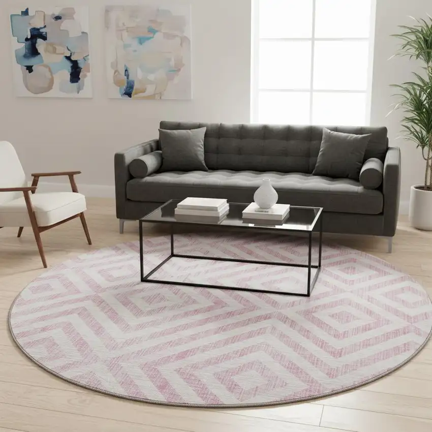 8' Pink And Ivory Geometric Washable Round Rug With UV Protection Photo 2