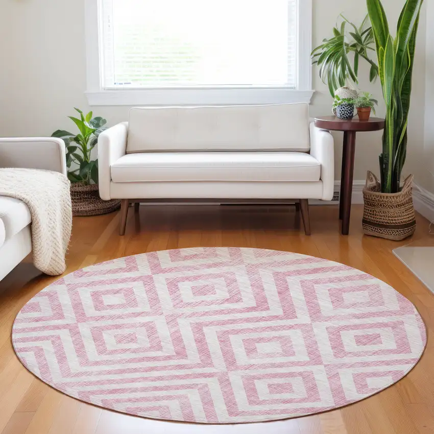8' Pink And Ivory Geometric Washable Round Rug With UV Protection Photo 4