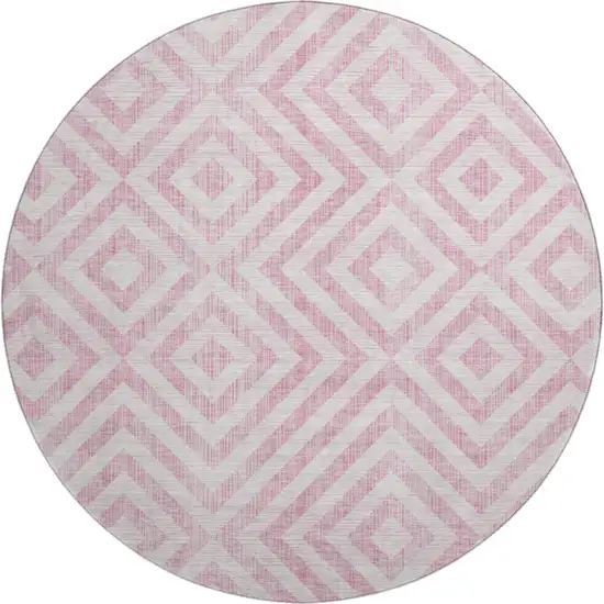 8' Pink And Ivory Geometric Washable Round Rug With UV Protection Photo 1