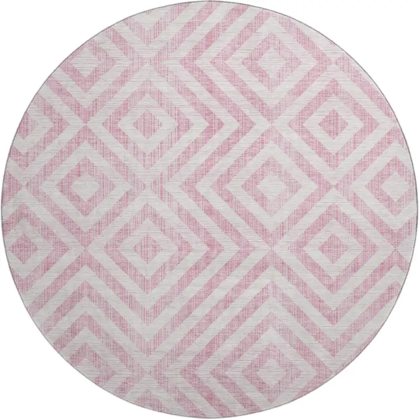 8' Pink And Ivory Geometric Washable Round Rug With UV Protection Photo 1
