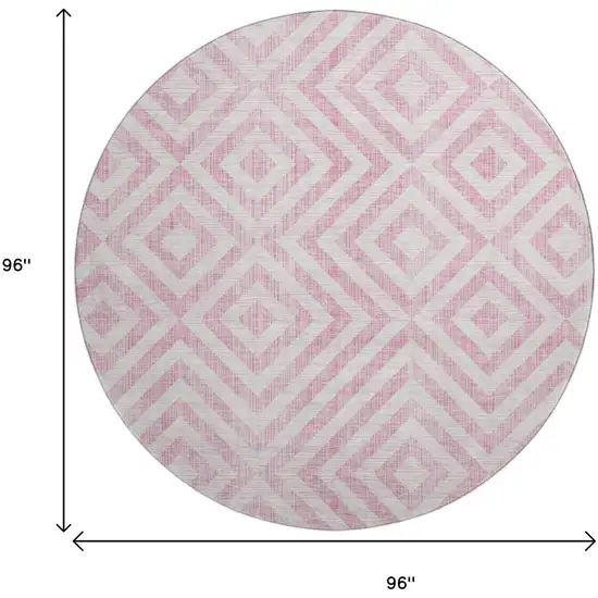 8' Pink And Ivory Geometric Washable Round Rug With UV Protection Photo 9