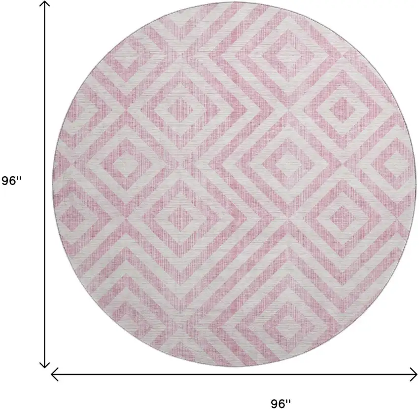 8' Pink And Ivory Geometric Washable Round Rug With UV Protection Photo 9