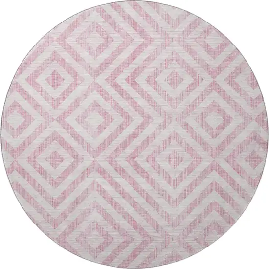 8' Pink And Ivory Geometric Washable Round Rug With UV Protection Photo 3