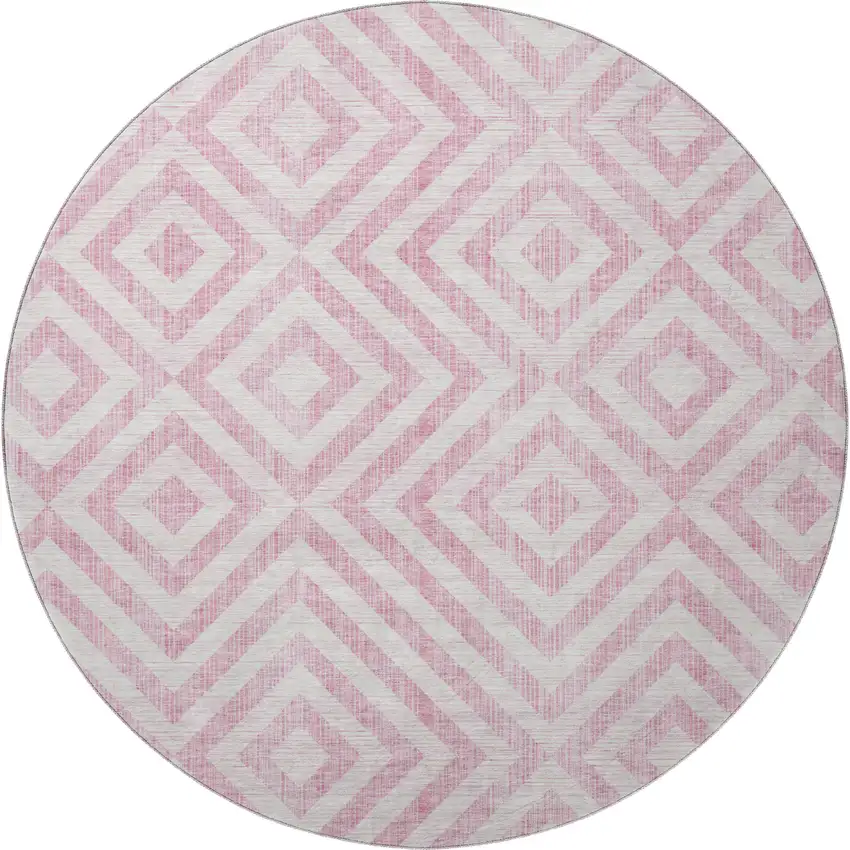 8' Pink And Ivory Geometric Washable Round Rug With UV Protection Photo 3