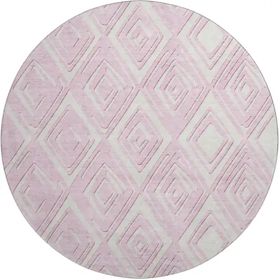 8' Pink And Ivory Geometric Washable Round Rug With UV Protection Photo 2