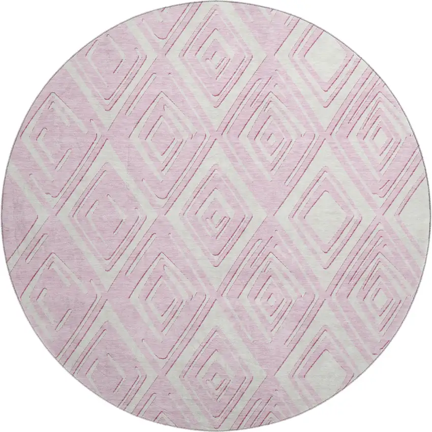 8' Pink And Ivory Geometric Washable Round Rug With UV Protection Photo 2