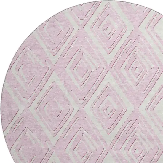 8' Pink And Ivory Geometric Washable Round Rug With UV Protection Photo 4