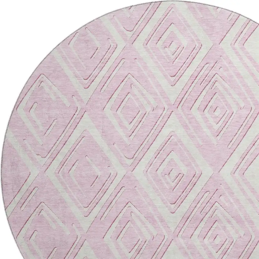 8' Pink And Ivory Geometric Washable Round Rug With UV Protection Photo 4