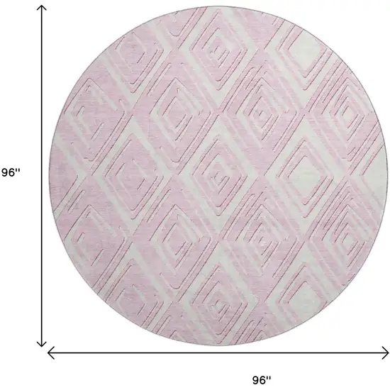 8' Pink And Ivory Geometric Washable Round Rug With UV Protection Photo 3