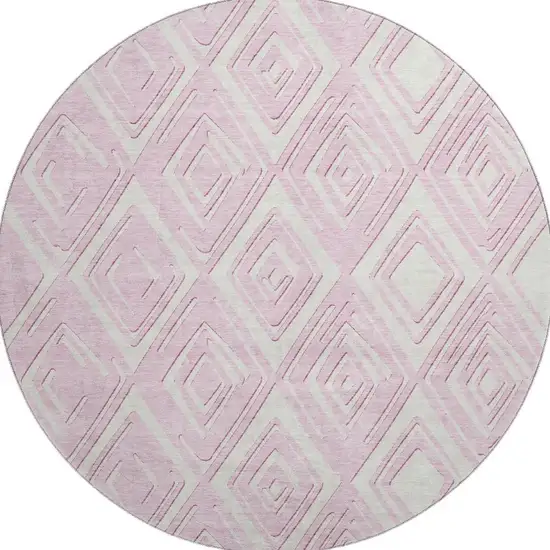 8' Pink And Ivory Geometric Washable Round Rug With UV Protection Photo 5