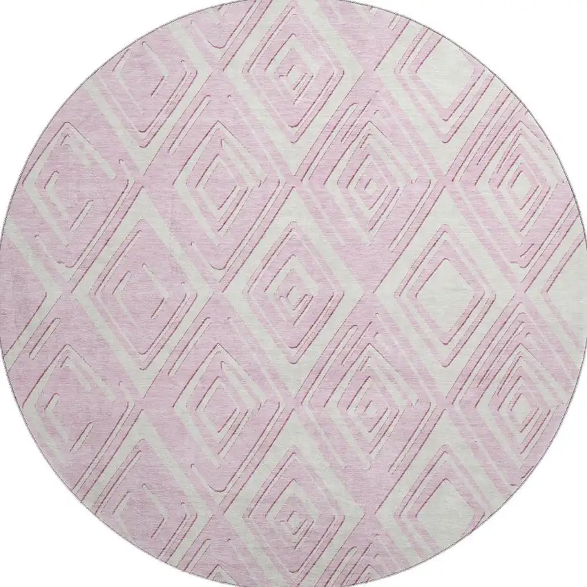 8' Pink And Ivory Geometric Washable Round Rug With UV Protection Photo 5