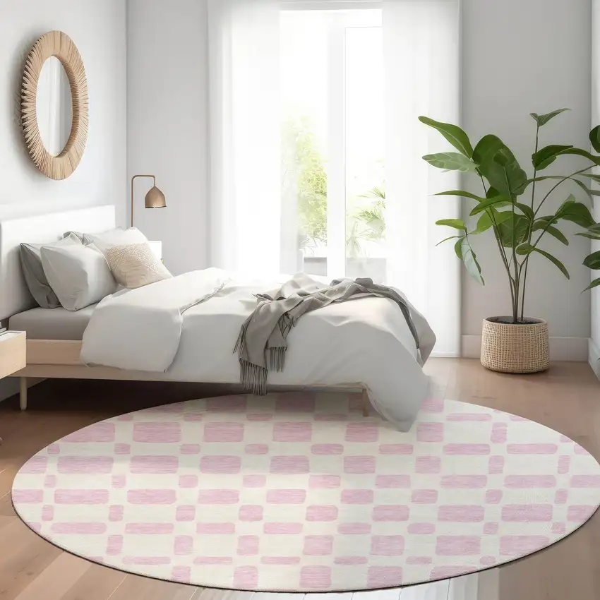 8' Pink And Ivory Geometric Washable Round Rug With UV Protection Photo 5