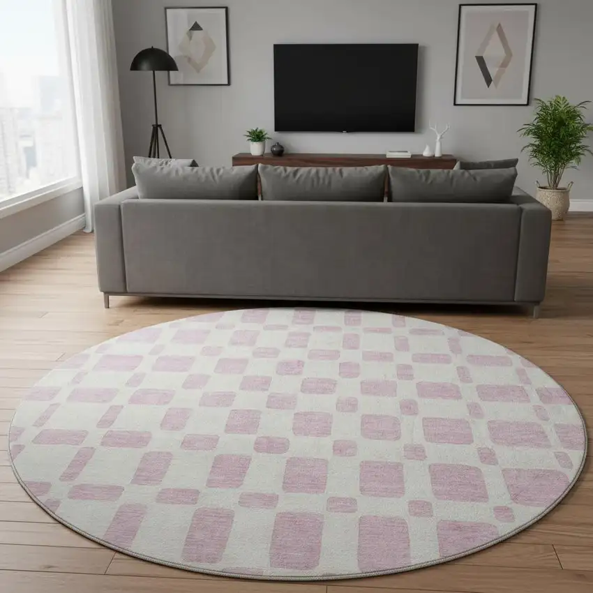 8' Pink And Ivory Geometric Washable Round Rug With UV Protection Photo 2