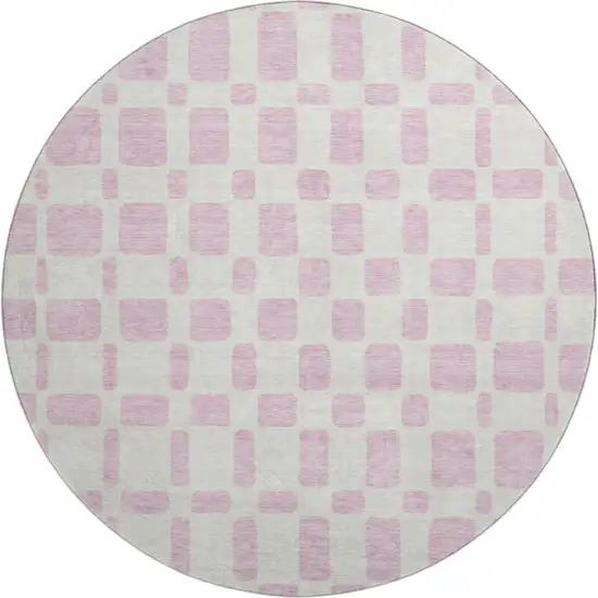 8' Pink And Ivory Geometric Washable Round Rug With UV Protection Photo 1