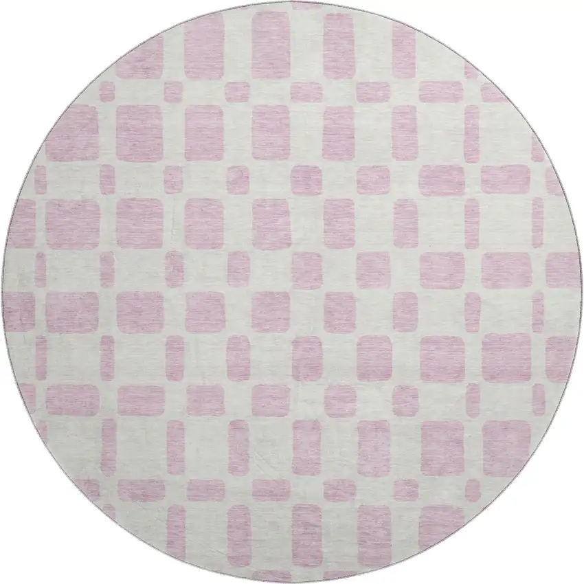 8' Pink And Ivory Geometric Washable Round Rug With UV Protection Photo 1
