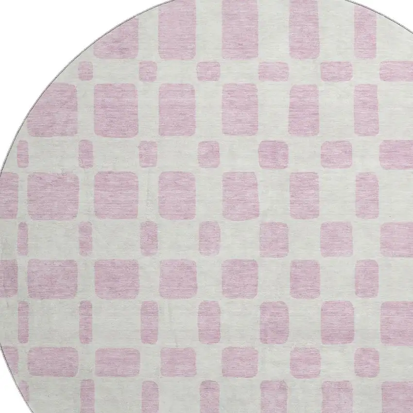 8' Pink And Ivory Geometric Washable Round Rug With UV Protection Photo 3
