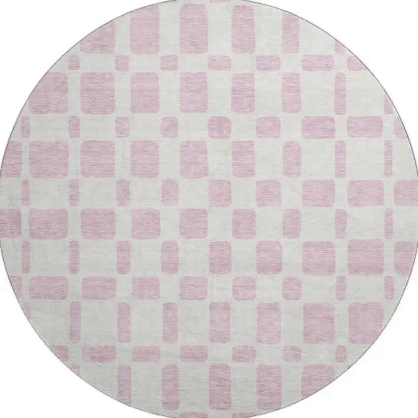 8' Pink And Ivory Geometric Washable Round Rug With UV Protection Photo 4