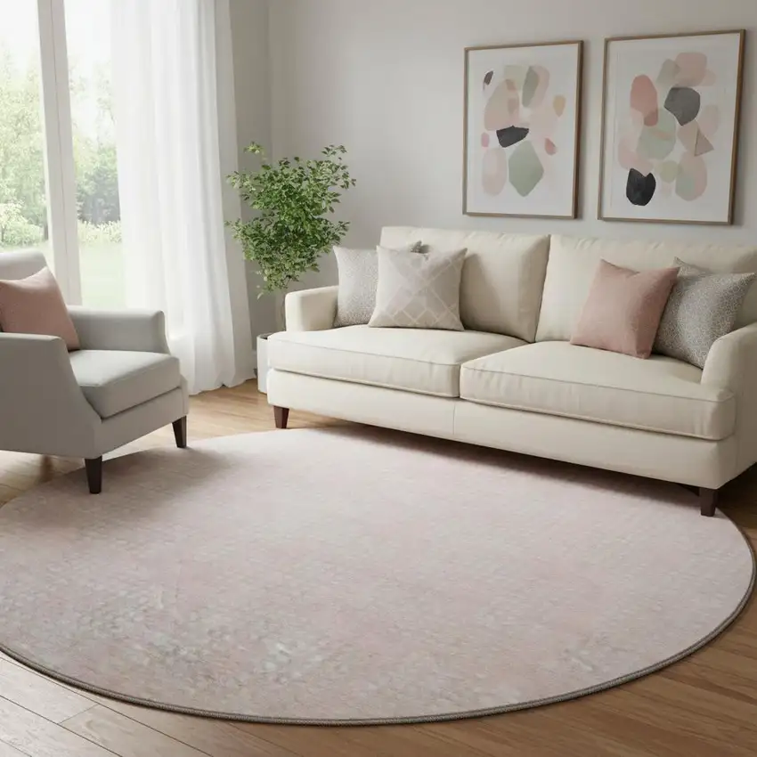 8' Pink And Ivory Geometric Washable Round Rug With UV Protection Photo 1