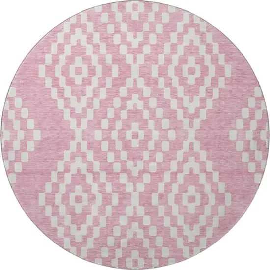 8' Pink And Ivory Geometric Washable Round Rug With UV Protection Photo 4