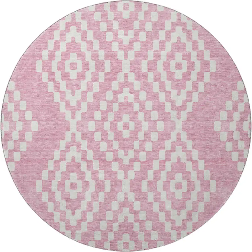 8' Pink And Ivory Geometric Washable Round Rug With UV Protection Photo 4
