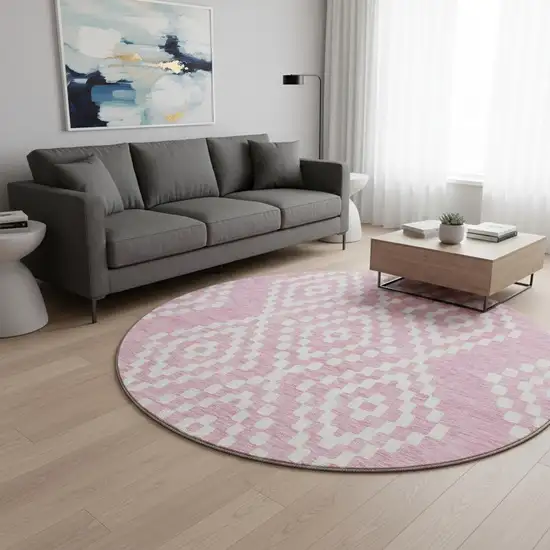 8' Pink And Ivory Geometric Washable Round Rug With UV Protection Photo 2