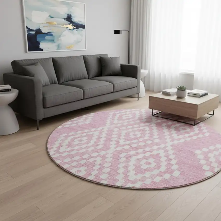8' Pink And Ivory Geometric Washable Round Rug With UV Protection Photo 2