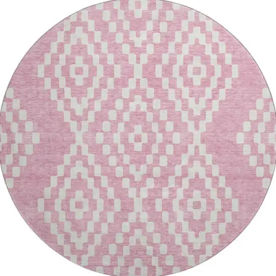 8' Pink And Ivory Geometric Washable Round Rug With UV Protection Photo 3