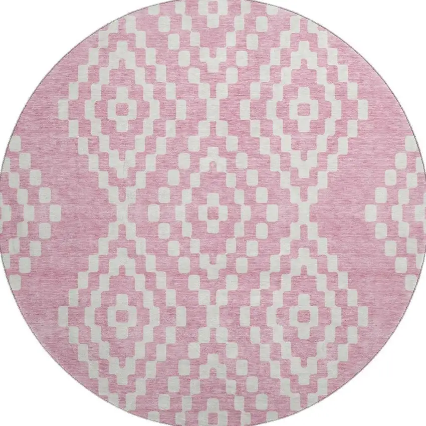 8' Pink And Ivory Geometric Washable Round Rug With UV Protection Photo 3