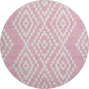 Photo of 8' Pink And Ivory Geometric Washable Round Rug With UV Protection