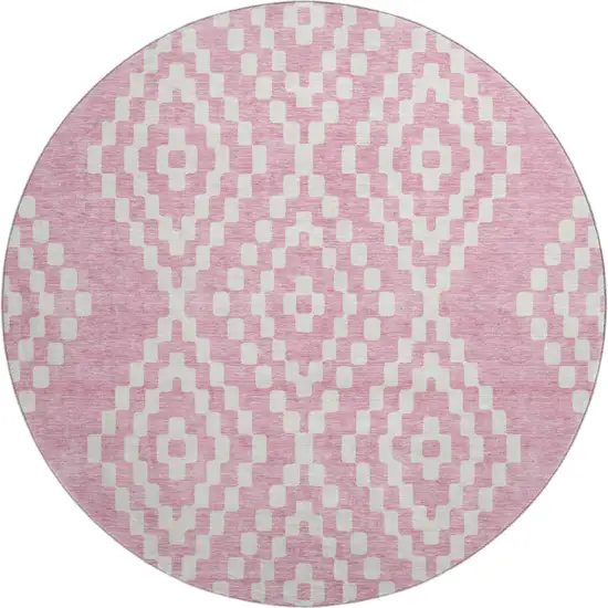 8' Pink And Ivory Geometric Washable Round Rug With UV Protection Photo 1