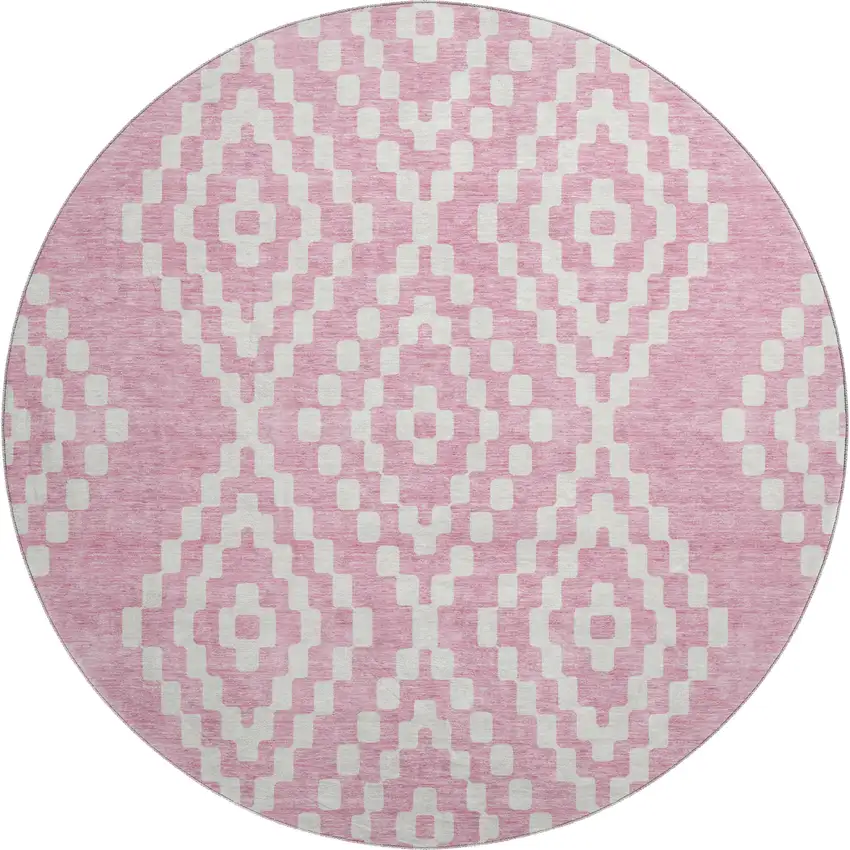 8' Pink And Ivory Geometric Washable Round Rug With UV Protection Photo 1