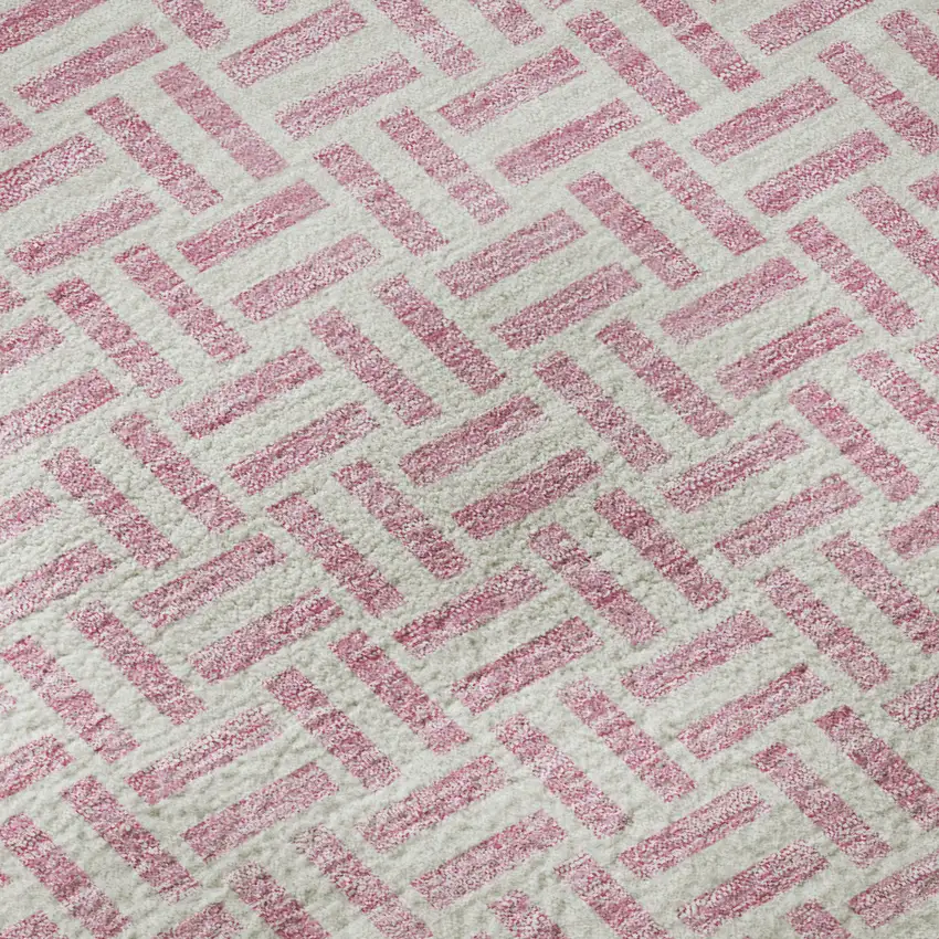 8' Pink And Ivory Geometric Washable Round Rug With UV Protection Photo 9